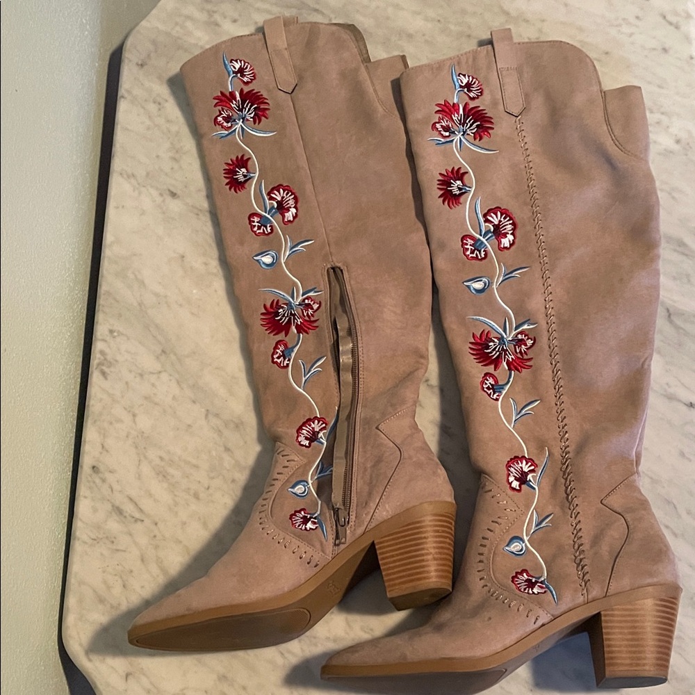 Carlos Santana Faux Suede Embroidered Taupe Grey Knee-High Boots